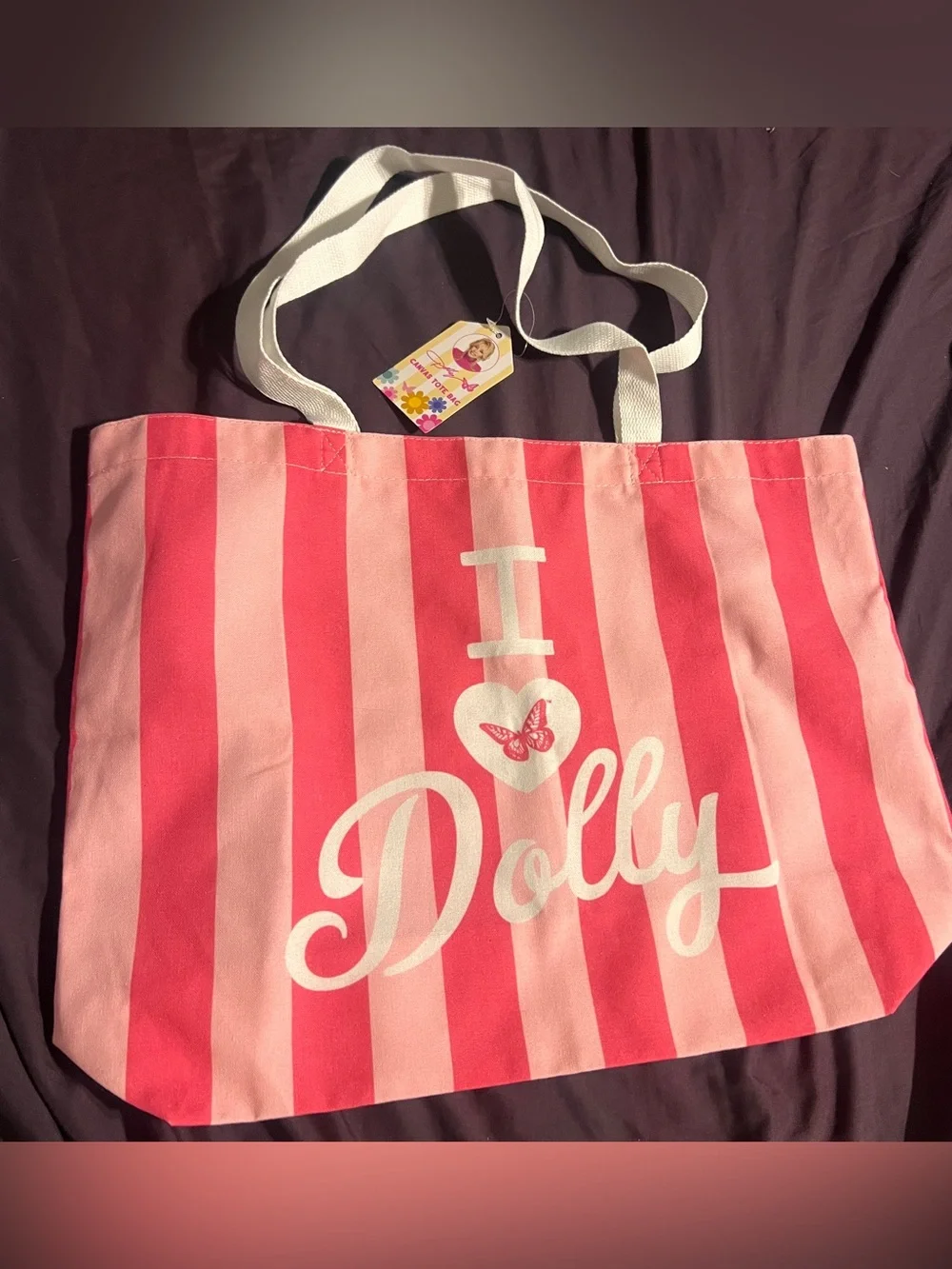 Dolly Parton I 💜 Dolly ~Pink Striped Tote Bag